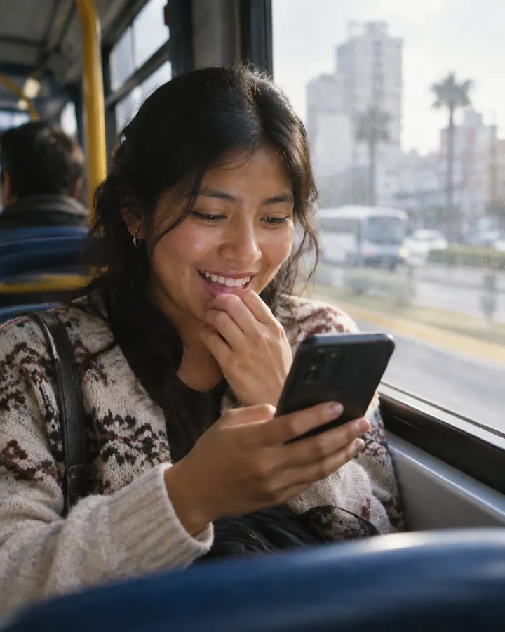 Joven leyendo un mensaje en su celular dentro de un bus