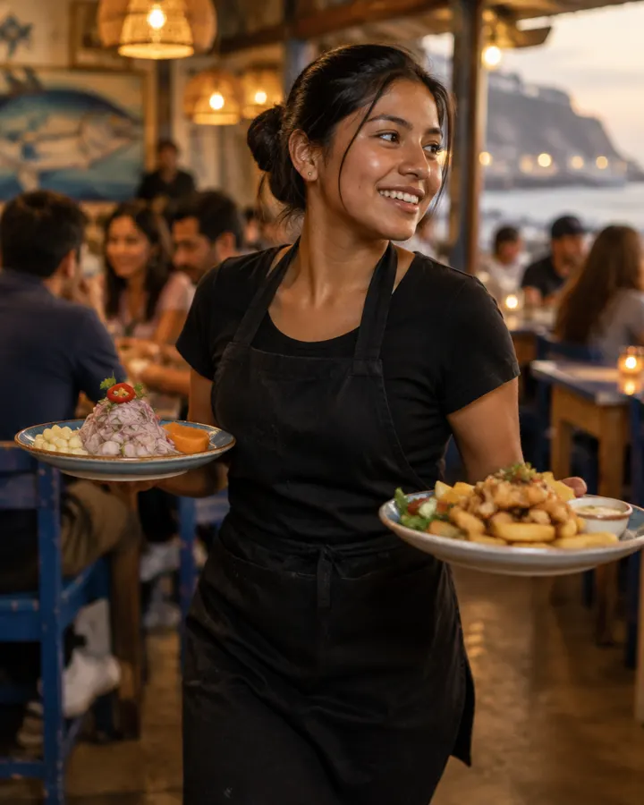 Moza llevando platos en una cevichería
