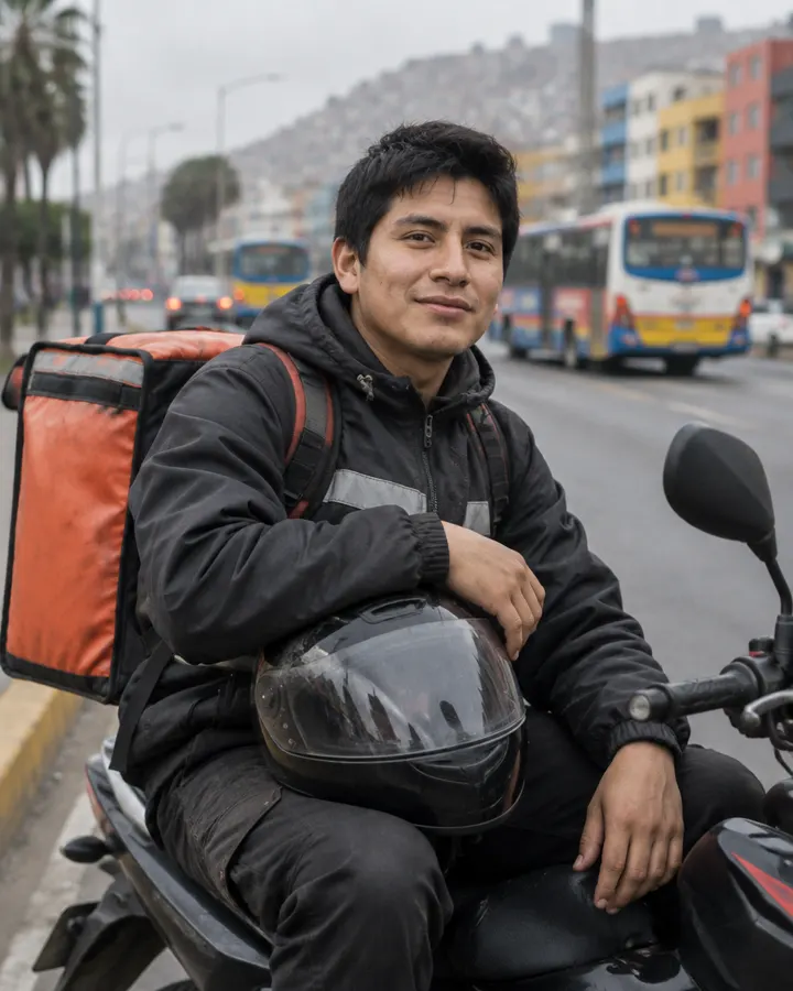 Repartidor sentado en su moto en una calle de Lima